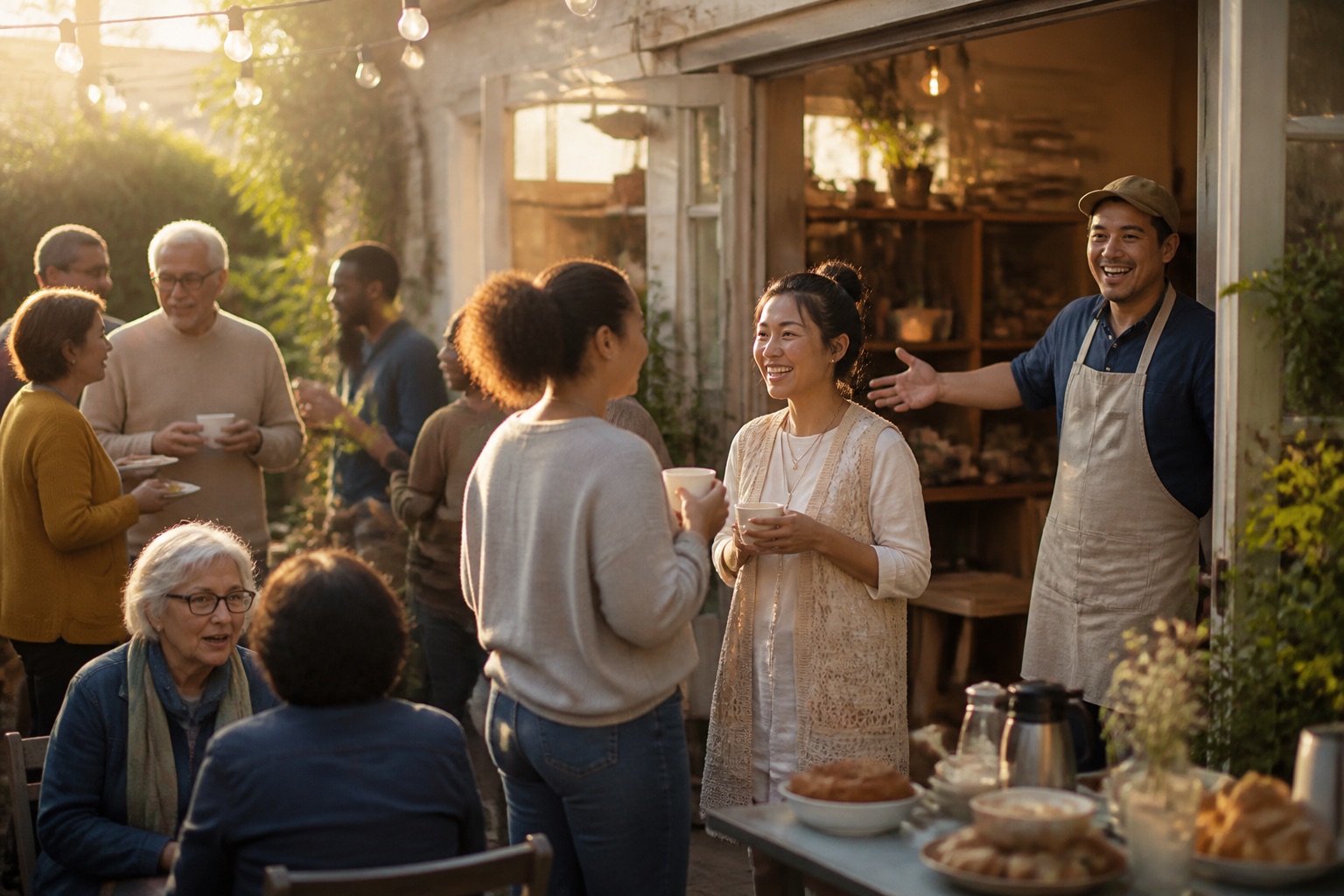 Neighbors chatting over coffee and snacks at a free community event outside a local shop