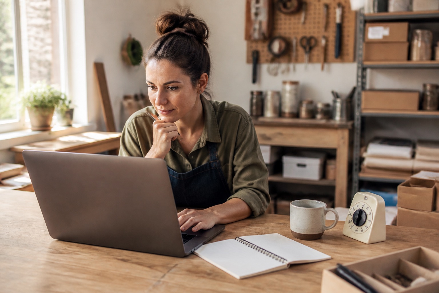 A small business owner planning her week at a laptop with a notebook and a timer