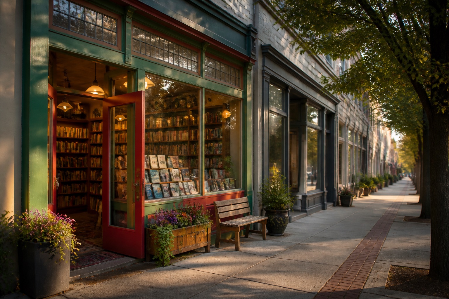 A colorful independent bookshop on a tree-lined main street at golden hour