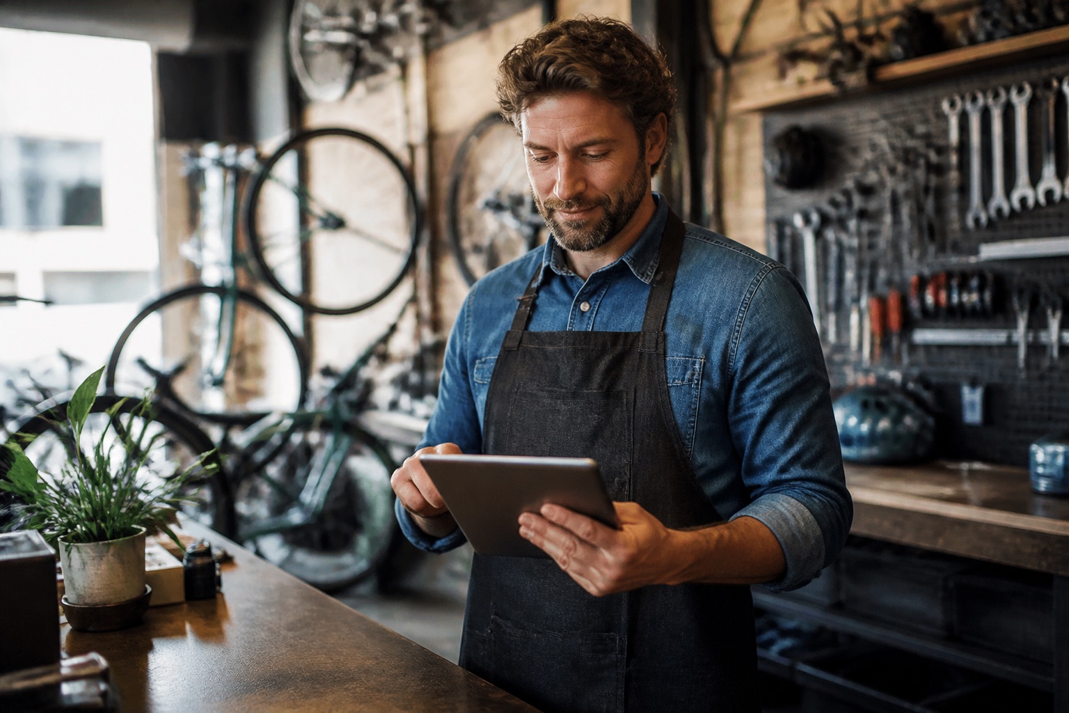 A bike shop owner at the counter reviewing work on a tablet