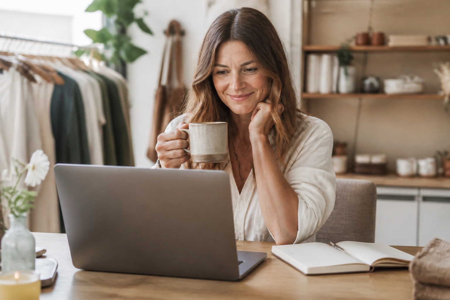 A small business owner with a mug of tea, pleased with a finished blog post on her laptop