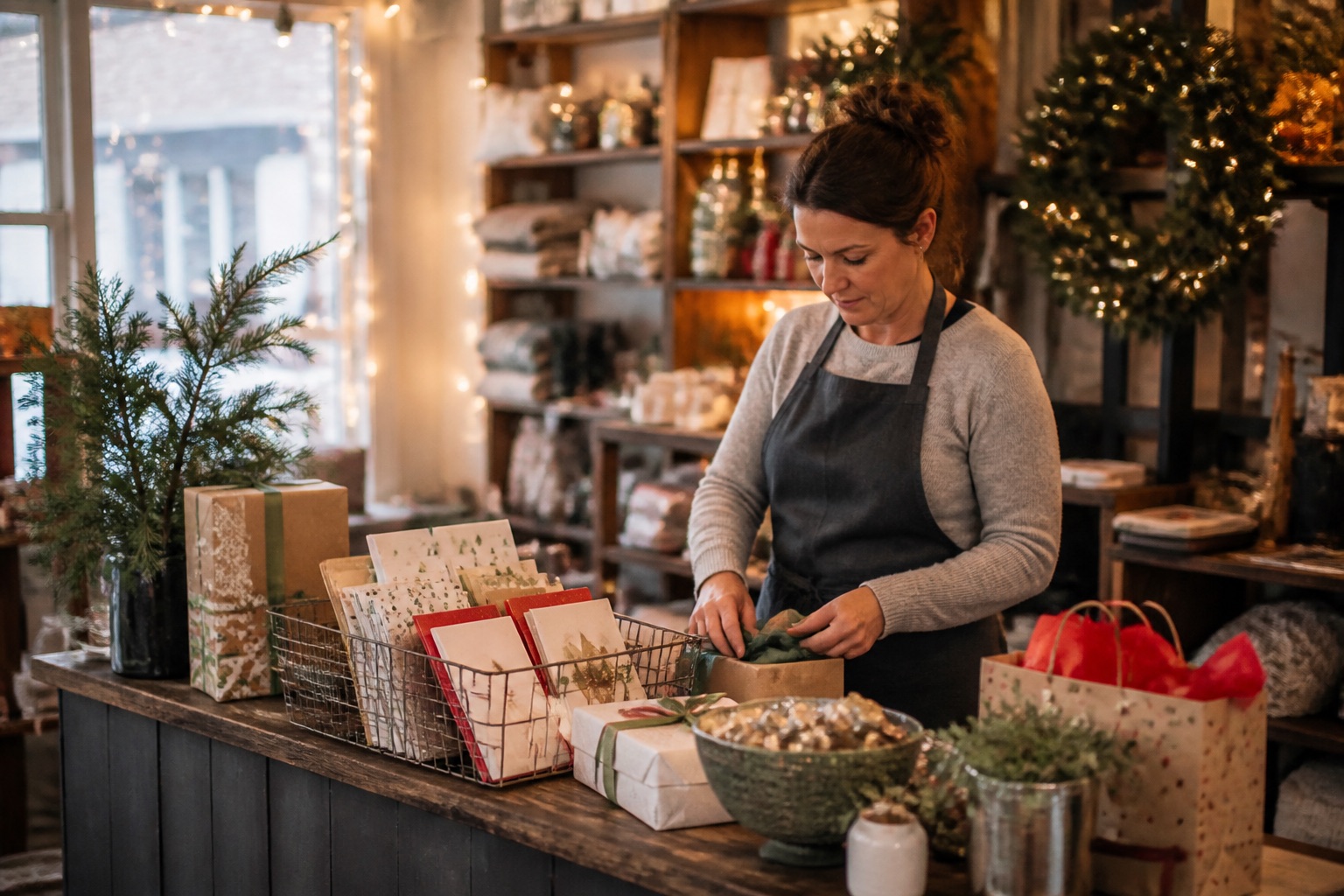 A gift shop owner preparing holiday gifts in a shop decorated with string lights