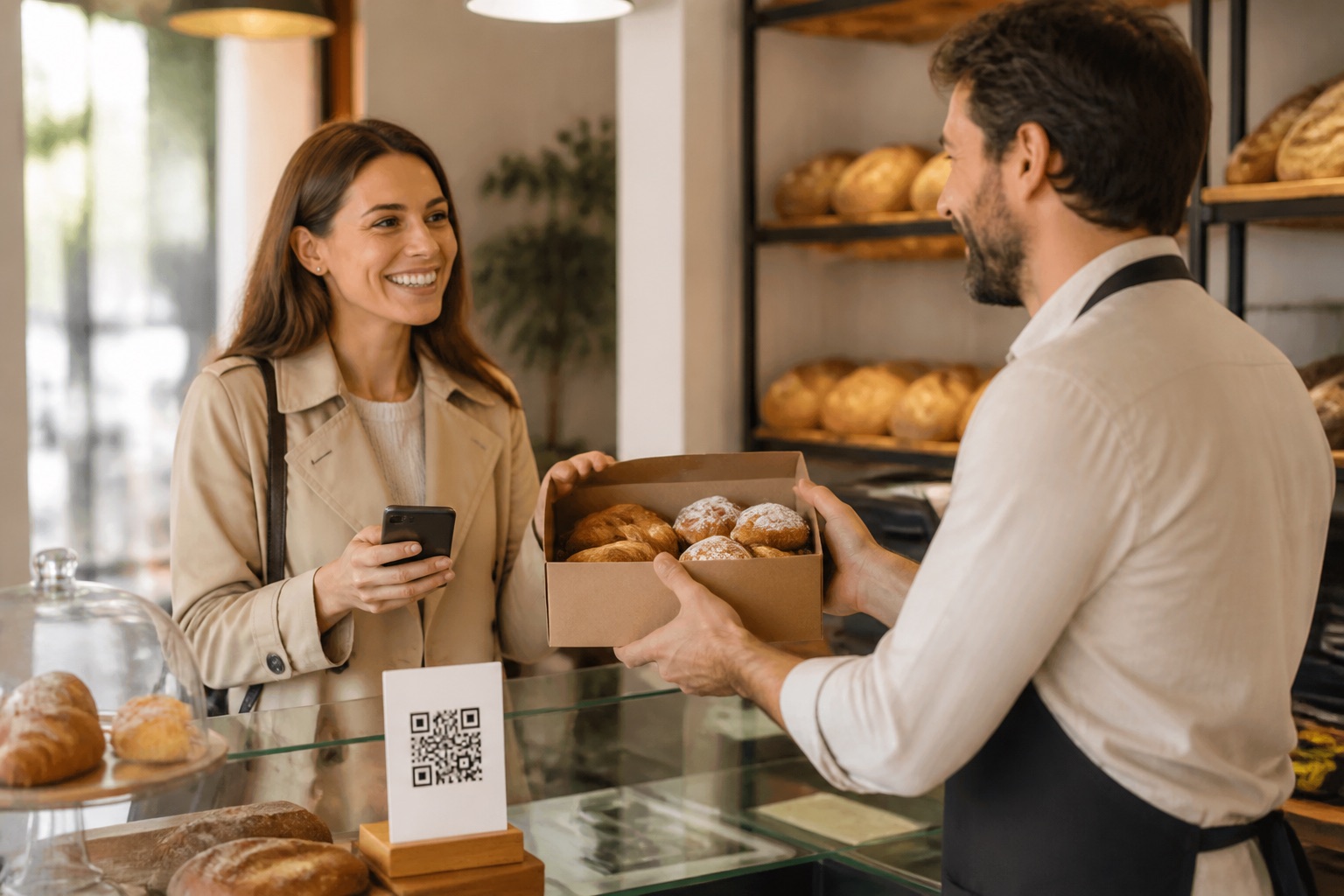 A smiling customer at a bakery counter with a review QR code as the owner hands her pastries