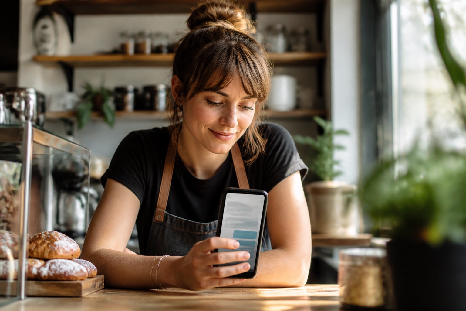 A café owner smiling at an AI assistant's answer on her phone behind the counter