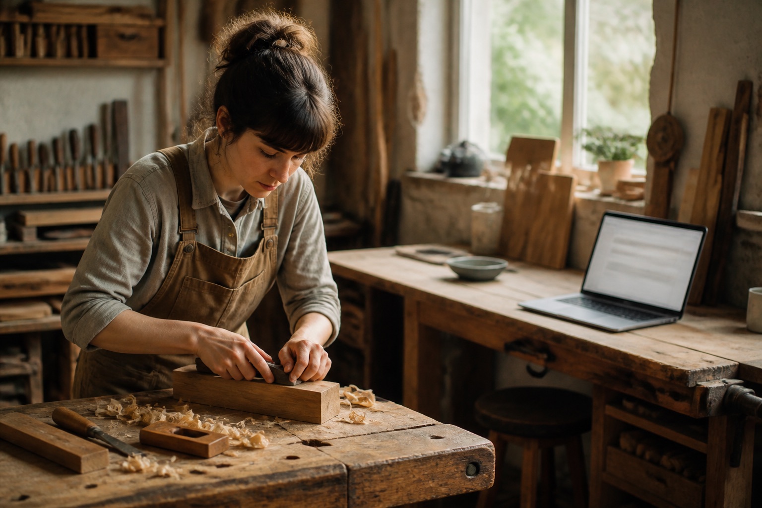 A woodworker focused on her craft while a laptop handles admin on the bench behind her