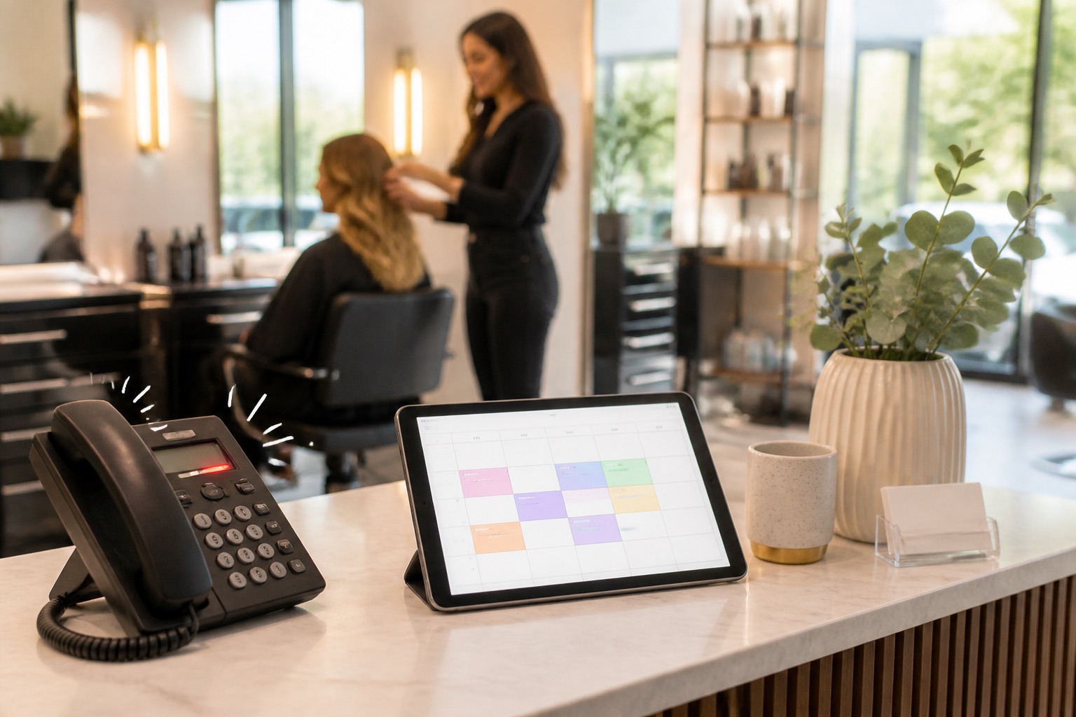 A salon front desk with a phone and an appointment calendar as a stylist works in the background