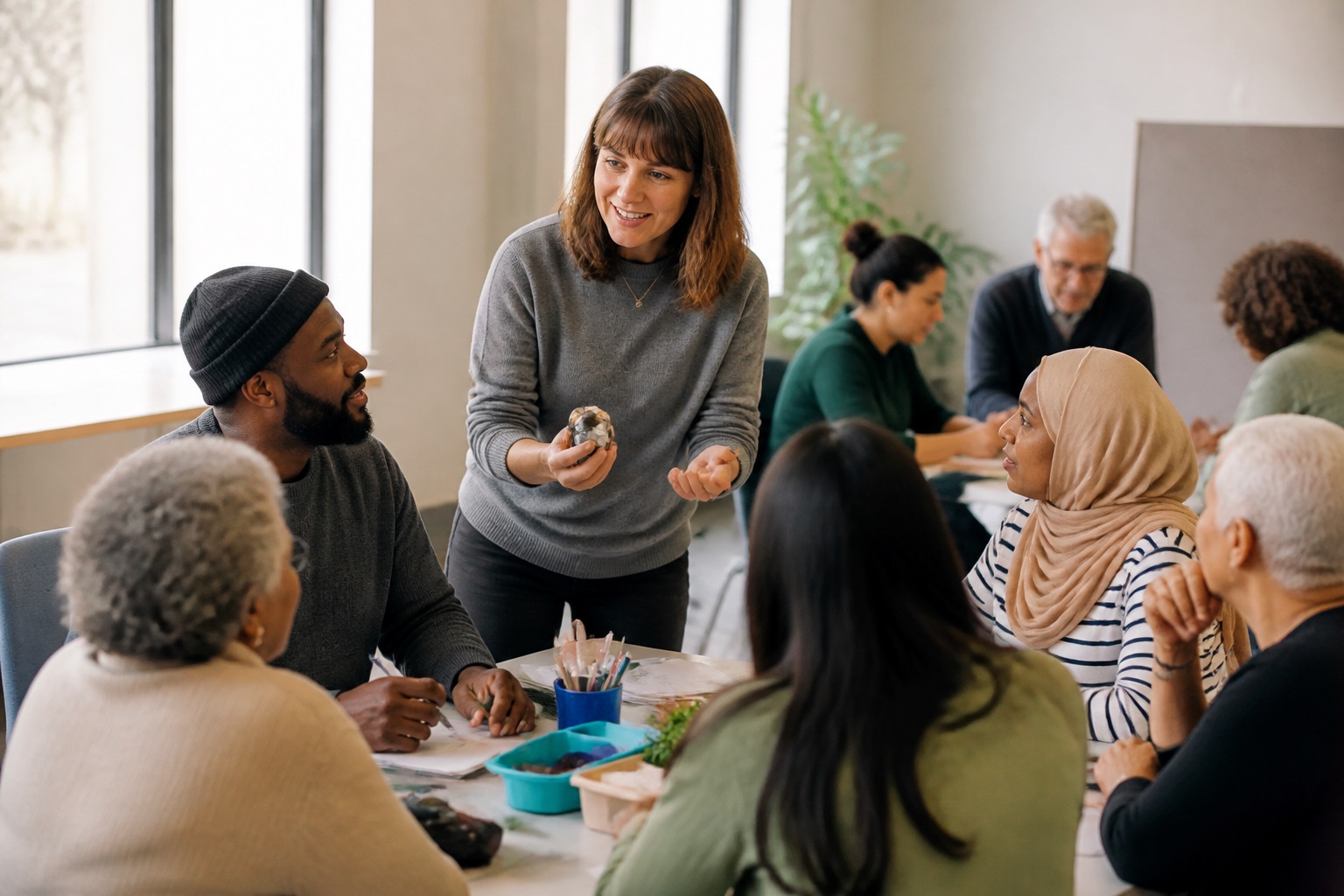 A volunteer leading a hands-on nonprofit workshop for a small, engaged group around a table