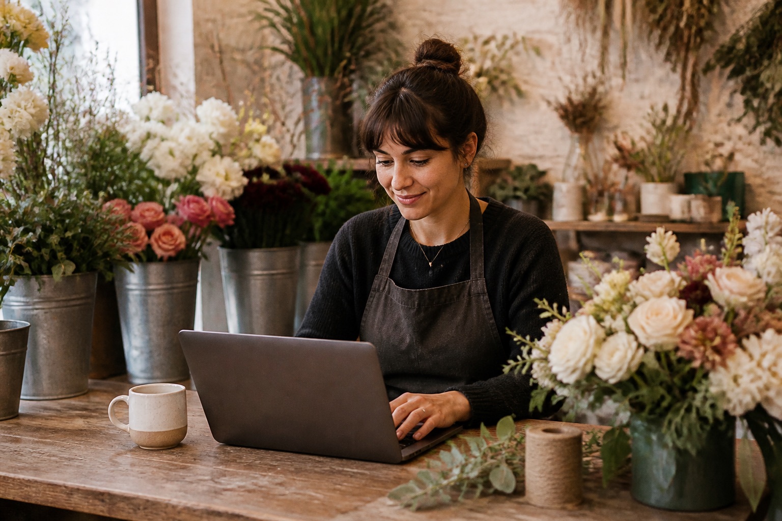 A florist writing an email newsletter on a laptop surrounded by fresh flowers
