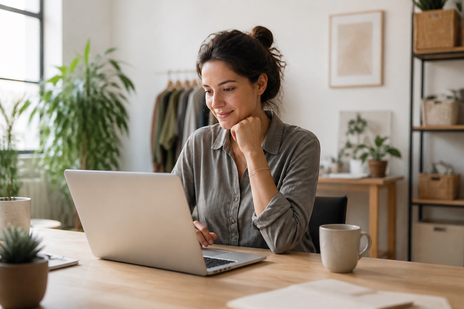 A small business owner smiling at a laptop in a calm, uncluttered workspace